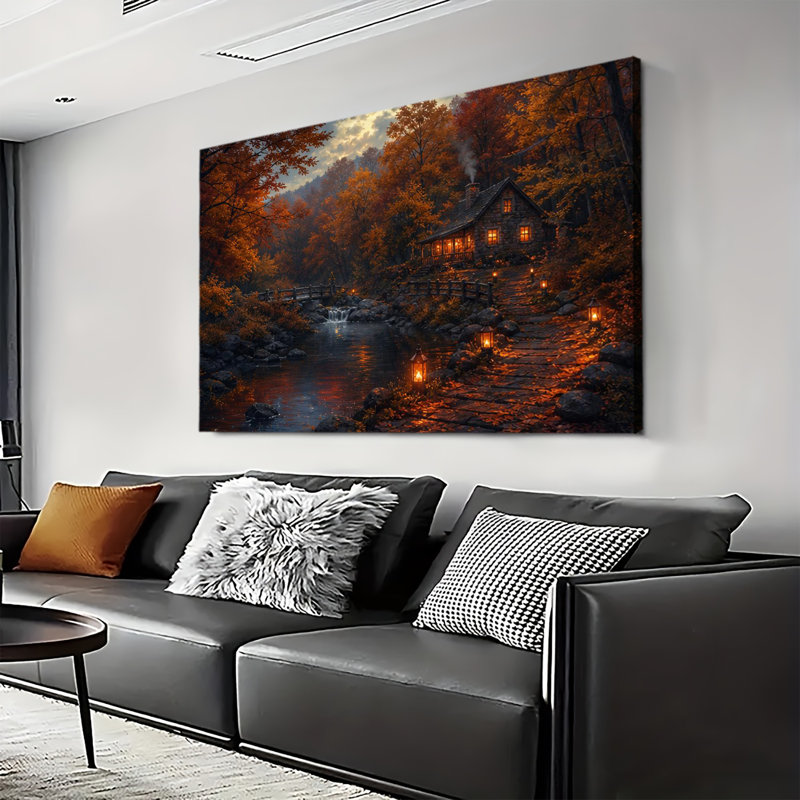 Cabane en pierre aux tons chauds d'automne, au bord d'un ruisseau, avec érables d'automne et lanternes de chemin - Tableau rustique sur toile