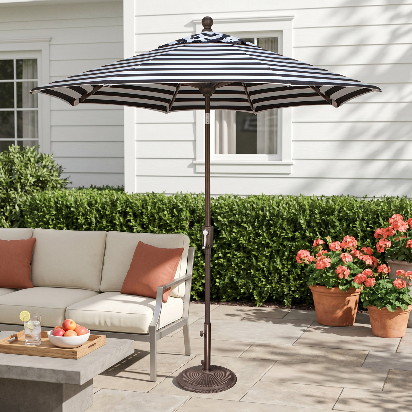 Bigsby 7.5' Sunbrella® Umbrella, Bronze, 93.5"H x 90"W x 90" D, Black/White Striped Sunbrella®
