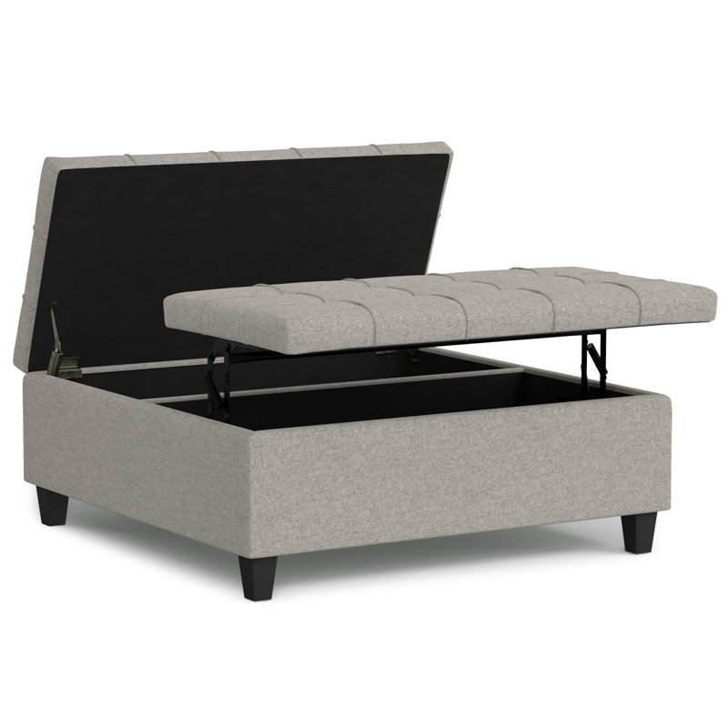 Harrison 40"W Upholstered Transitional Square Lift-Top Ottoman with Sturdy Base, Gray Linen Look Fabric