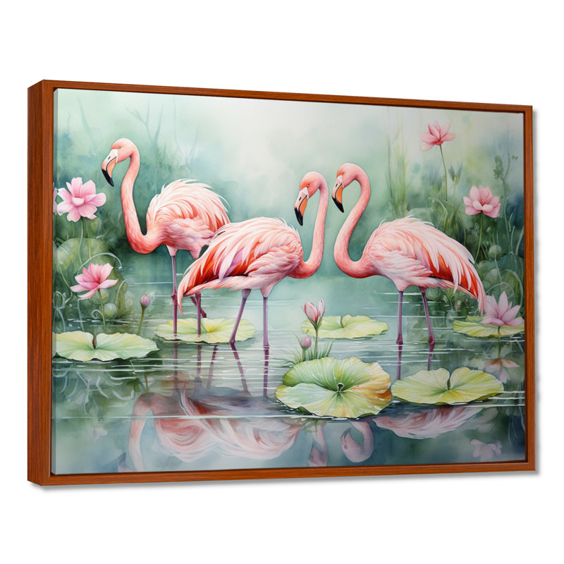 Élégant paradis flamant rose - décoration murale flamant rose, H 34 po x l 44 po x P 1,5 po, Cadre flottant brun
