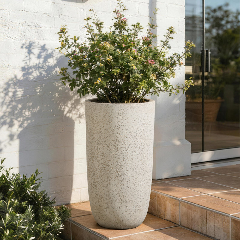 22.72" Tall Round Tapered Planter, Travertine Stone Finish, Garden Pot, 22.72" H x 12.01" W x 12.01" D