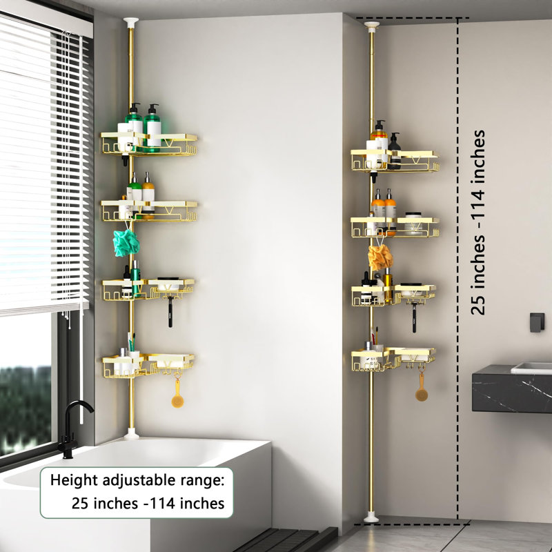 Serviteur de douche à poteau à tension réglable KÉGII, organisateur de salle de bain d'angle à 4 niveaux sans installation de perçage, support de rangement pour salle de bain imperméable, doré