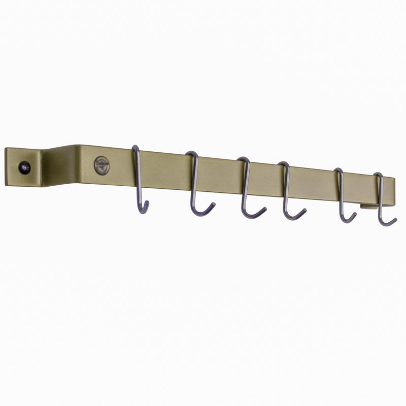Handcrafted Easy Mount Wall Rack with 6 Hooks, Brass, 3" H x 24" W x 3" D