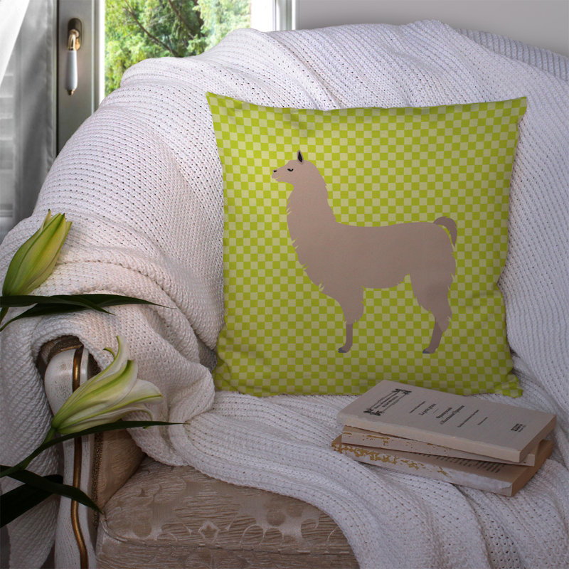Llama Check Square Outdoor Throw Pillow, Green, 14" x 14"