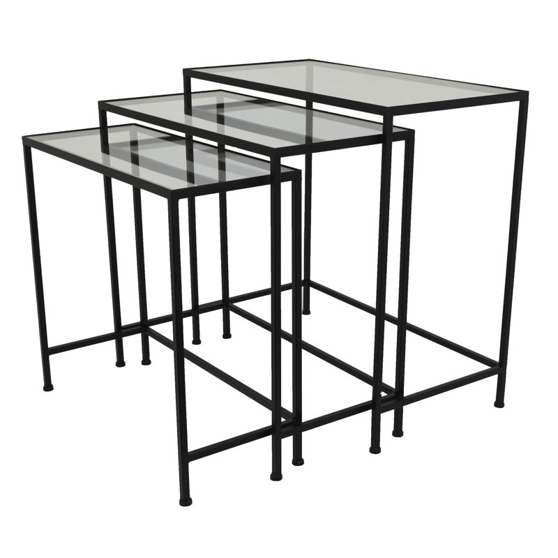 Pix Nesting Plant Stand Table Set Of 3, Black Metal, Rectangular Glass