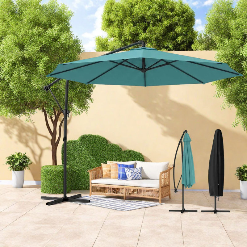 Grand parasol de patio réglable en porte-à-faux, acier, polyester, bleu ciel