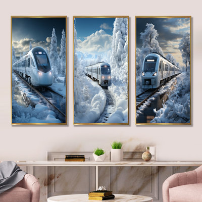 «Christmas Snow Train Journey I - Transport train», ensemble de 3 reproductions d'art sur toile