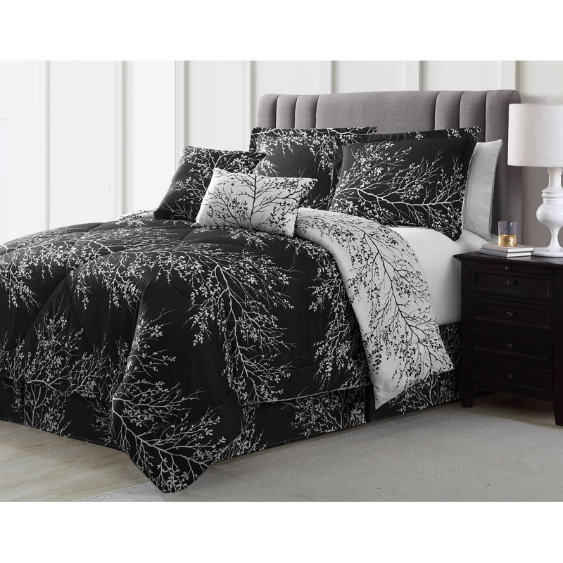 Foliage Reversible Comforter Set, Black/White, Twin Comforter Set + 4 Additional Pieces