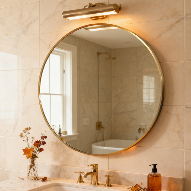 Miroir de salle de bain rond avec cadre en alliage d'aluminium et verre trempé, Laiton brossé, 30 po x 30 po