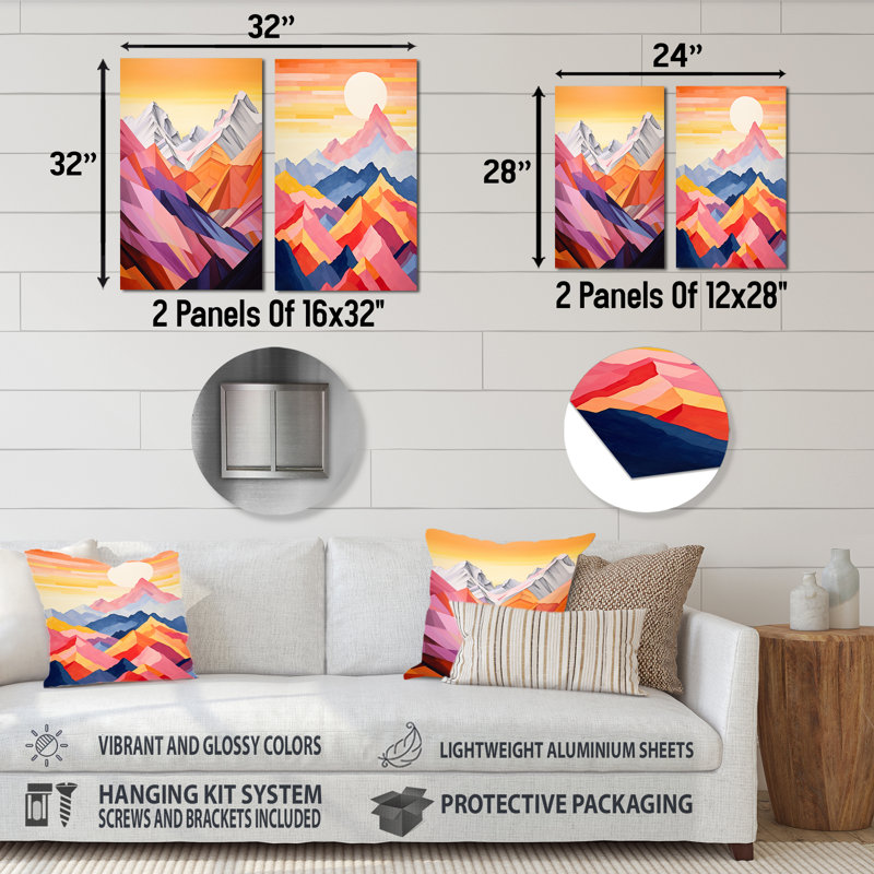 Montagnes, montagnes, lever de soleil, ensemble de 2 reproductions d'art mural en métal, H 32 po x l 32 po