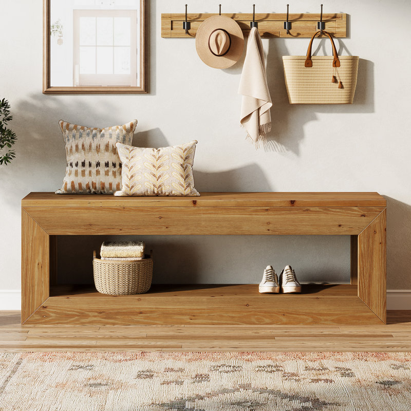 47" Solid Wood Entryway Bench with Shoe Storage, Light Brown