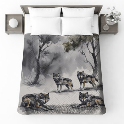 Gray Wolves In Forest Quilted Bedspread All Sizes