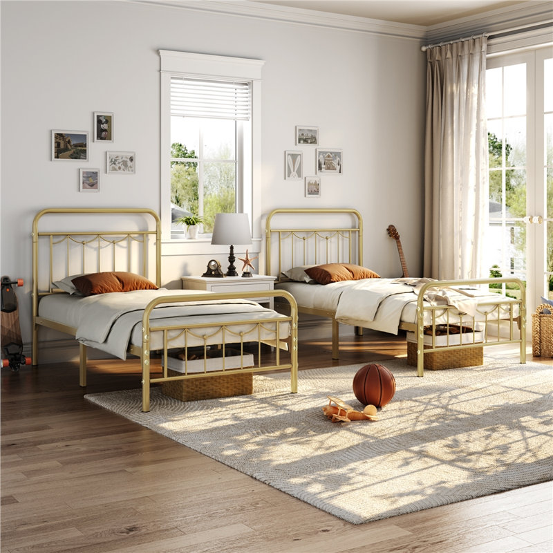Antique Gold Twin Metal Bed Frame with Headboard and Slats