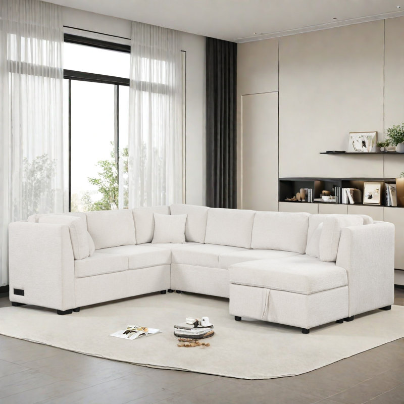 Canapé-lit modulaire en U escamotable avec deux ports USB, deux prises de courant, trois coussins de dossier et une chaise de rangement