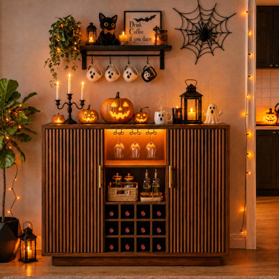 Armoire de bar moderne 47,24 po avec tablettes réglables et lumières RVB, buffet avec porte-verres à vin et porte-bouteilles