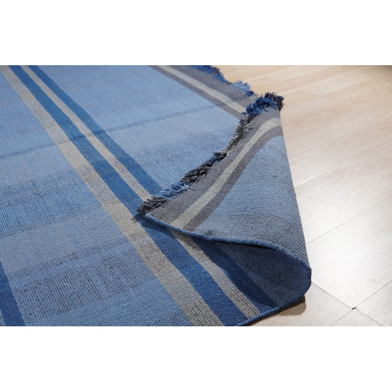 Tapis bleu moderne à motif géométrique en laine noué à la main, 10 pi x 14 pi