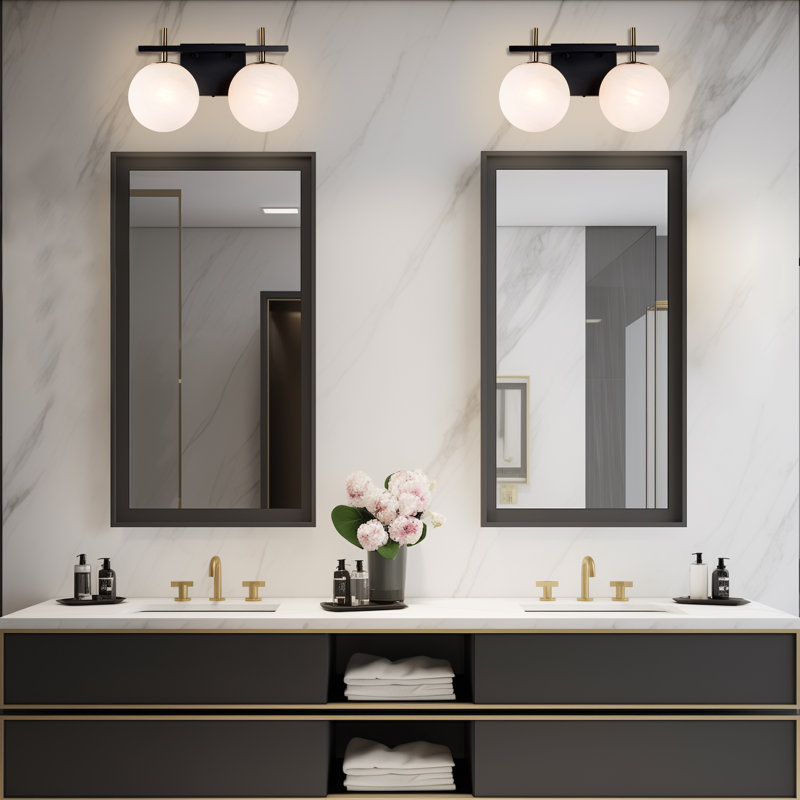 Bathroom Vanity Light With Round Shape Cloud Glass Shade, Matte Black/Gold, 3