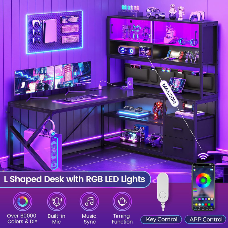 59" L Shaped Computer Desk With 2 Drawer and Bookshelf, Black