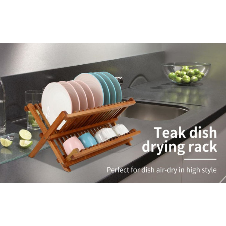 Teak Dish Drainer Rack Collapsible 2 Tier Dish Rack Dish Drying Rack  Foldable Pl