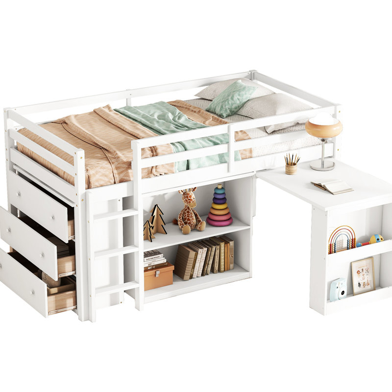 Lit mezzanine simple en bois d'hévéa blanc avec rangement spacieux et rangement pour bureau, finition, construction, Blanc