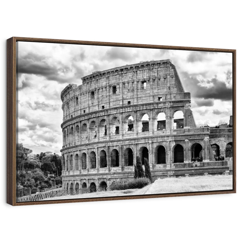 Colisée en noir et blanc, 25 po x 17 po, Cadre flottant noyer
