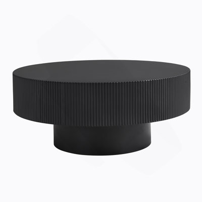Elegant Easy Assembly Round Coffee Table With 6.8" Thick Tabletop, Modern Drum End Table, Minimalist Fluted Center Table With Sturdy Base For Living Room, Black, 31.5"W*13.7"H