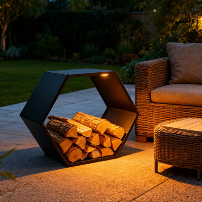 Support à bois de chauffage robuste avec couvercle, support à bûches hexagonales de 30 pouces pour l'extérieur et l'intérieur, support de rangement en bois en acier thermolaqué