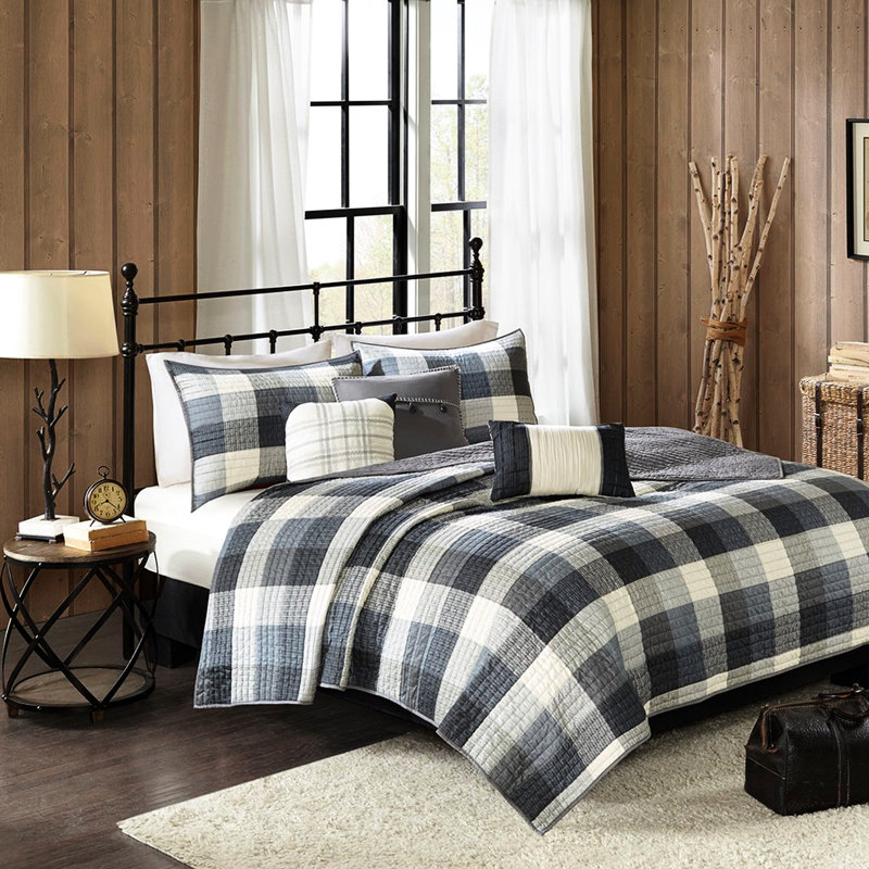 Courtepointe 6 pièces avec imprimé à chevrons gris, taille double / grand, accents écossais Buffalo, décor de chambre à coucher confortable et élégant, lavable à la machine, pièces, motif, oreillers décoratifs de charme chaleureux inclus