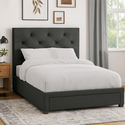 Sya Queen Size Bed W Tufted Upholstery, Underbed Storage, Dark Gray
