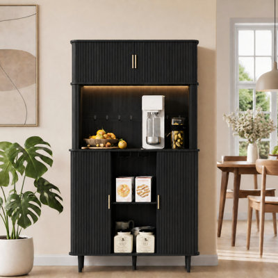 70.87" Tall Bar Cabinet with LED Lights & Power Outlet, Wine Storage Cabinet with Sliding Tambour Doors, Removable Wine Rack, Wine Glass Holder & Adjustable Shelves