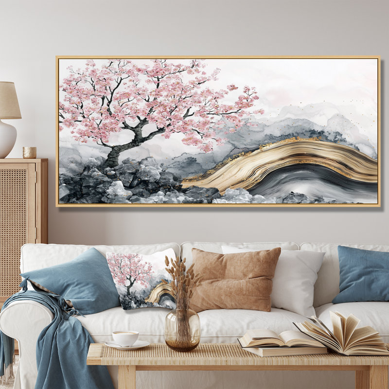 Marbre cerisiers en fleurs, poésie des pétales II - art mural cerisier en fleurs, H 28 po x l 60 po, Cadre flottant, Doré