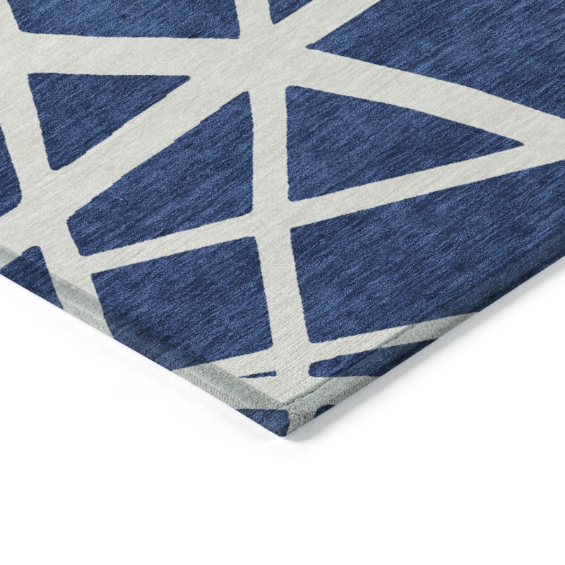 3' X 5' Navy Blue And Ivory Geometric Washable Indoor Outdoor Area Rug