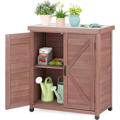 Armoire de rangement extérieure et banc de rempotage avec plateau en métal, poste de travail de jardin en bois résistant aux intempéries, table de rangement multifonctionnelle pour patio, cour et pelouse, brun royal