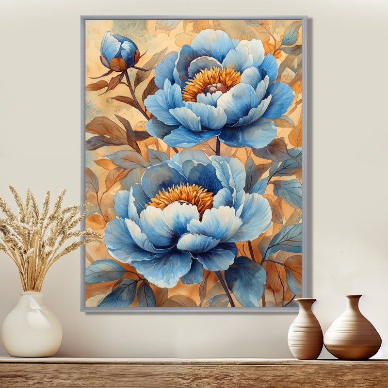 Pivoines bleues dans la basse-cour IV - pivoines, art mural, H 32 po x l 24 po, Reproduction avec cadre flottant