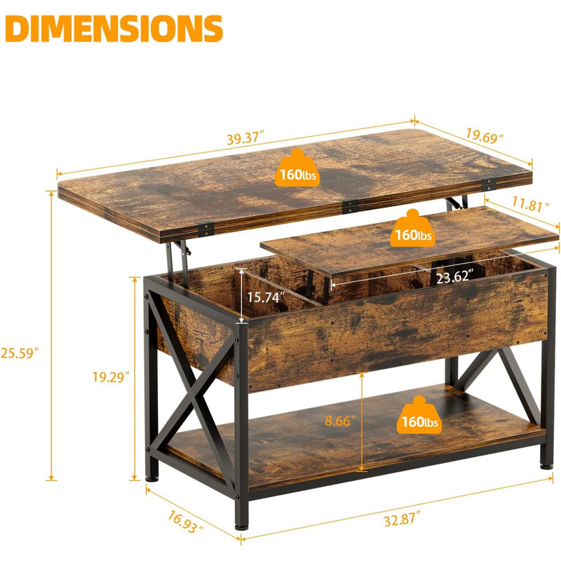Tablette de rangement avec plateau relevable et compartiments cachés, tables basses convertibles 4 en 1 multifonctionnelles, table de salle à manger à plateau relevable pour le salon, le bureau personnel, noir