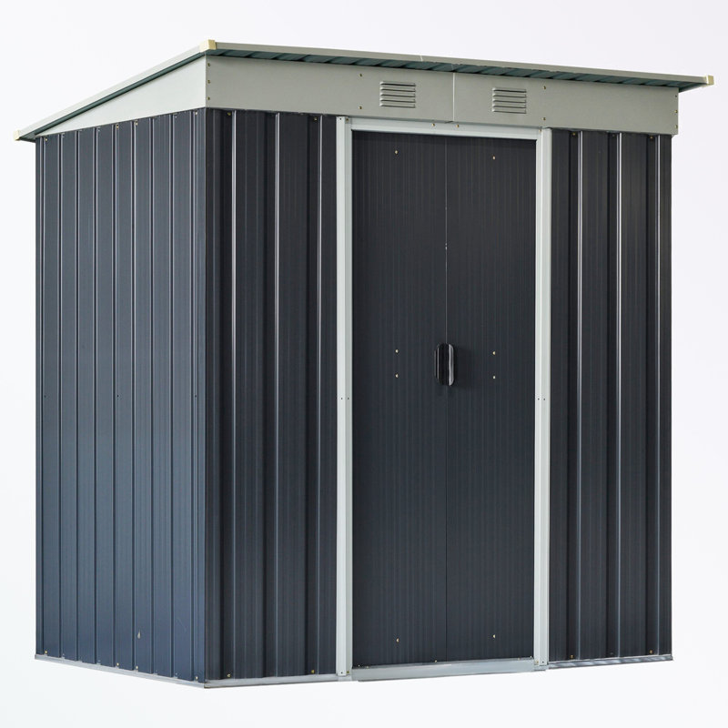 Metal Lean To Garden Shed, Outdoor Storage Shed, Garden Tool House With Double Sliding Doors, Black