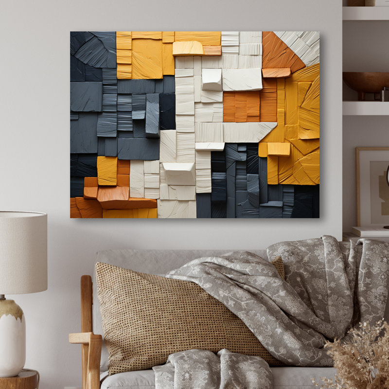 Cubic jaune et fibre grise I - cubisme imprimé sur métal, H 24 po x l 32 po