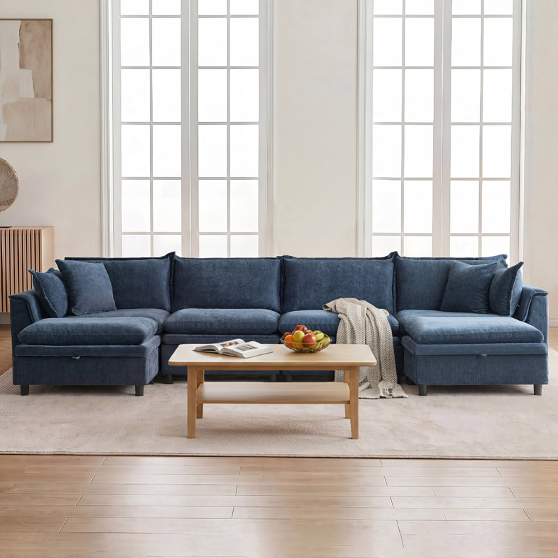 Canapé modulaire rembourré en U avec repose-pieds 146 po 146 po, Chenille bleu