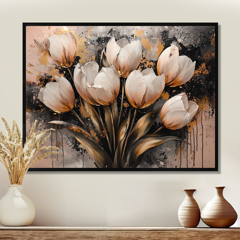 «Pink Gold Morning Tulips I», art mural tulipes, H 34 po x l 44 po, Impression encadrée flottante, Noir
