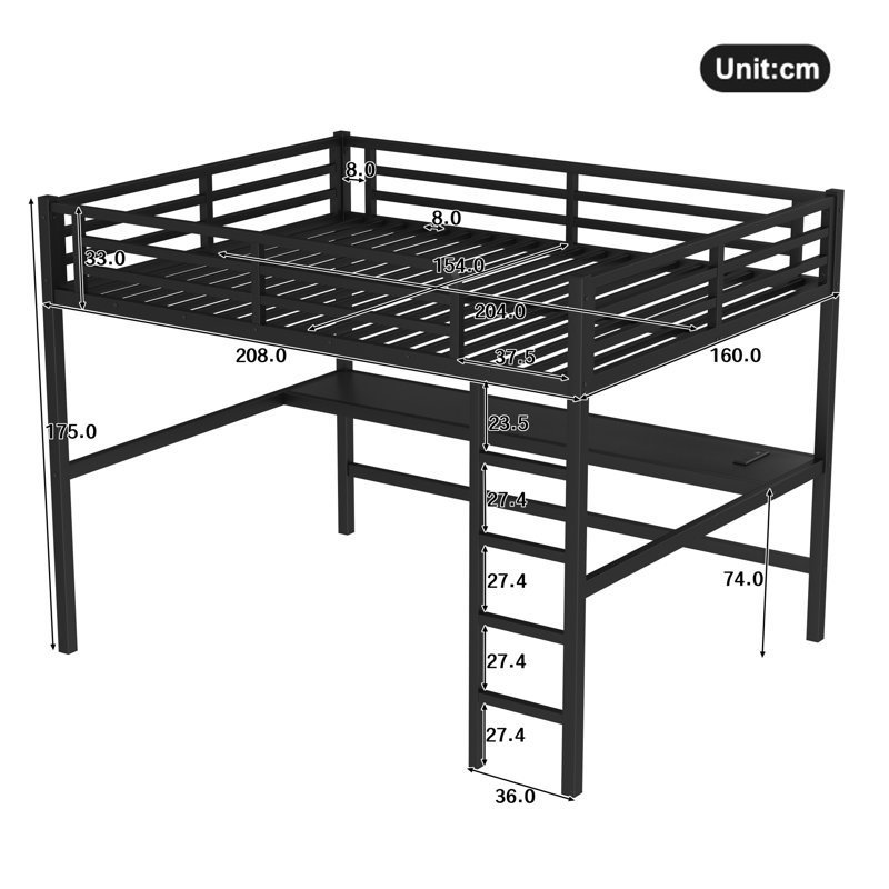 Queen Metal Loft Bed with Desk, USB Charging, LED Lights, Safety Guardrails, Space-Saving Design, Black