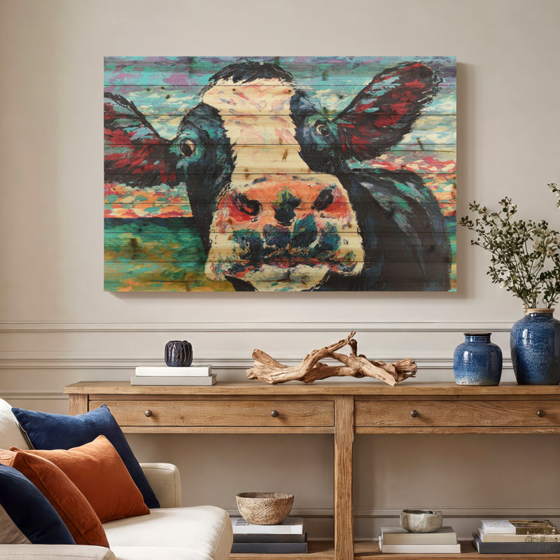 « curious cow 4 »-impression sans cadre sur bois