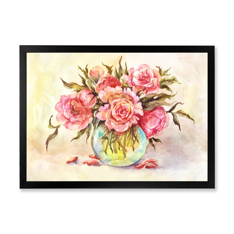 Bouquet de fleurs roses rétro - décoration murale traditionnelle en bois, H 8 po x l 12 po x P 1 po, Cadre noir