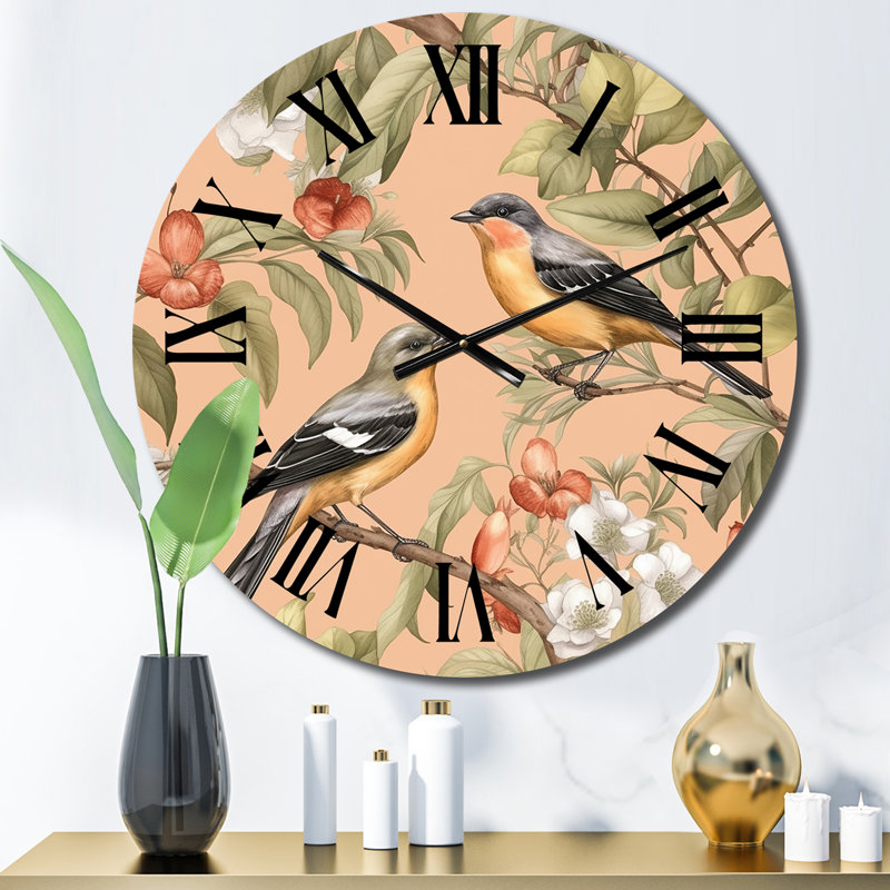 Horloge murale oiseaux verts et jaunes sur des arbres, Moyenne