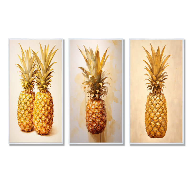 Pinapple Golden Grove - ensemble d'art mural sur toile 3 ananas, Cadre flottant blanc, H 28 po x l 36 po
