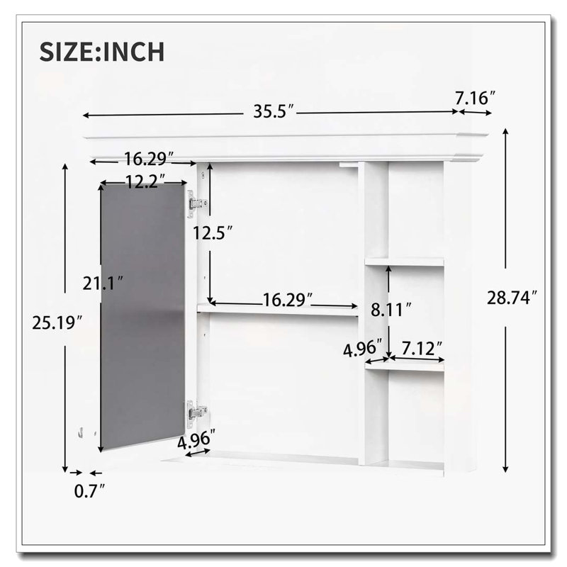 Armoire de salle de bain murale 35 "x 28" avec miroir, armoire, 6 tablettes ouvertes, Blanc