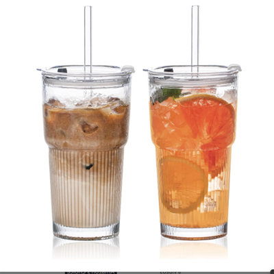 Gobelets en verre 20 oz avec couvercles et pailles, ensemble de 2 verres réutilisables pour café glacé, boissons frappées et boissons froides, avec brosse de nettoyage et conception nervurée durable