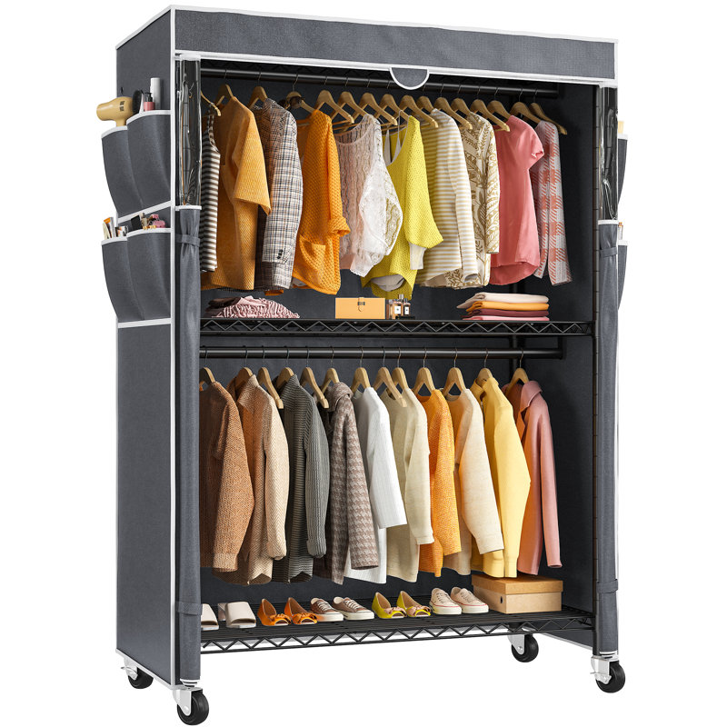 Portant à linge sur roulettes 445 lb avec couvercle, garde-robe portative réglable en fil de 81 po h, garde-robe autoportante à roulettes