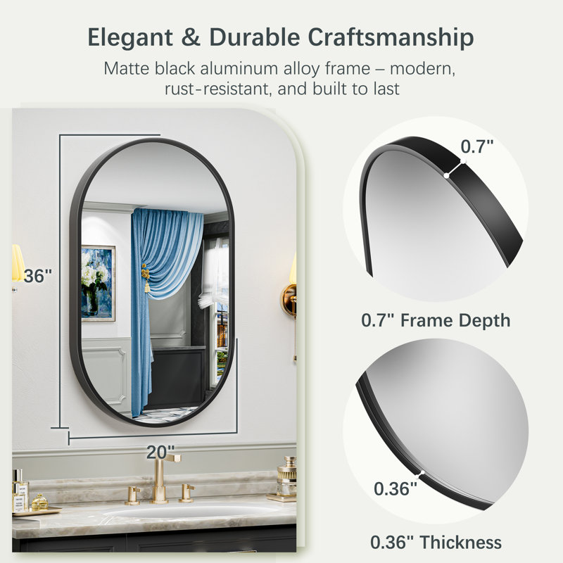 Matte Black Oval Vanity Mirror with Aluminum Alloy Frame, HD Tempered Glass, French Cleat Mounted Wall Decor Bathroom Vanity Mirror