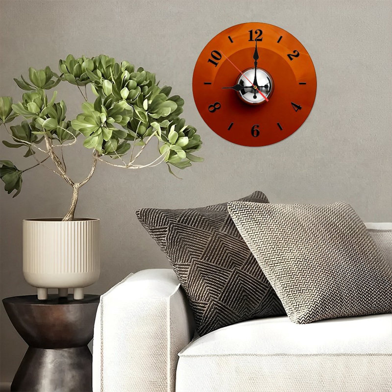 10" Round Wooden Wall Clock, Silent Quartz Movement, UV-Printed Design, Battery Operated, Orange – Silver
