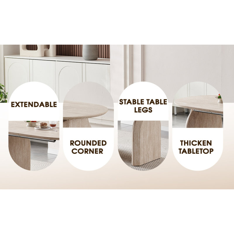 Table de salle à manger en bois extensible, table de cuisine ovale moderne avec un design à deux piliers élégant, parfait pour la salle à manger et le rassemblement, multifonctionnel et peu encombrant, salon et salle à manger.